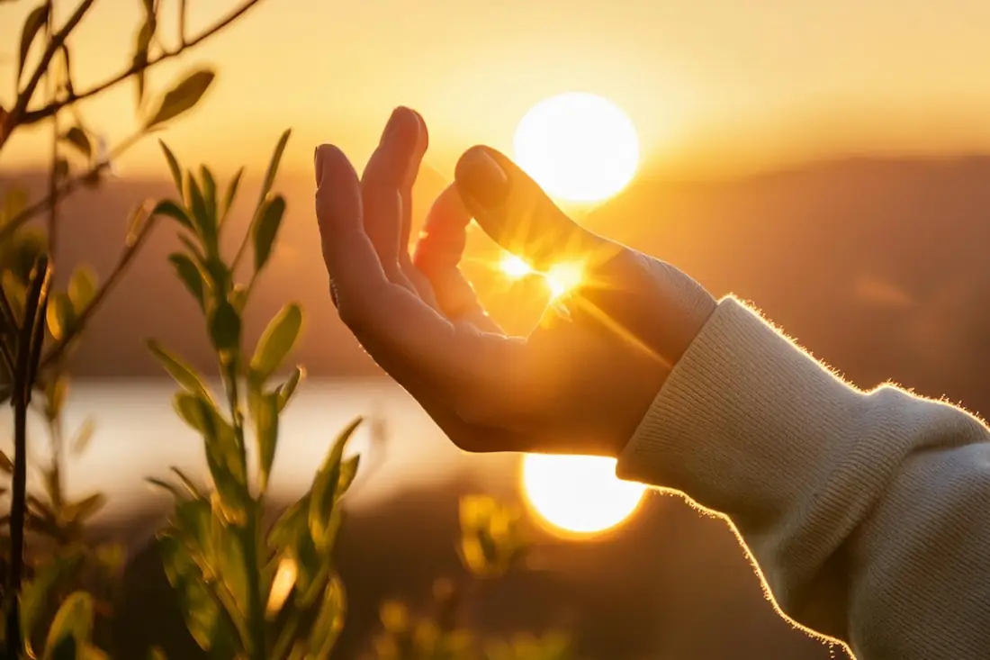 Main recueillant la lumière du soleil — circulation de l'énergie
